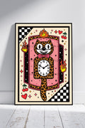 Leopard Clock Cat Art Print – Retro Kitsch Wall Art (A4)