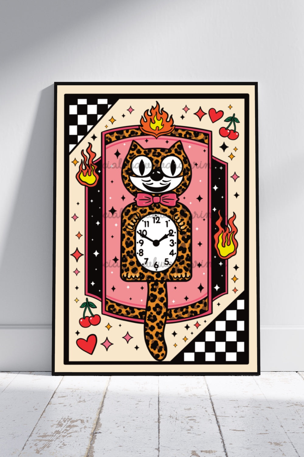 Leopard Clock Cat Art Print – Retro Kitsch Wall Art (A4)
