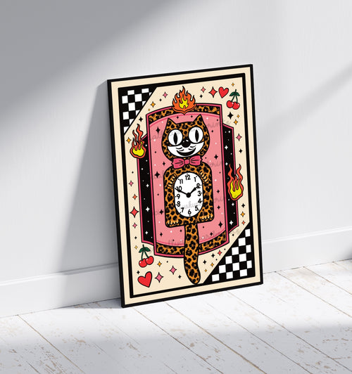 Leopard Clock Cat Art Print – Retro Kitsch Wall Art (A4)