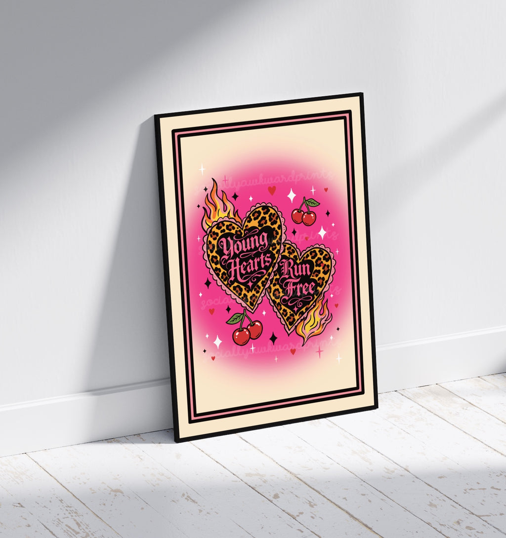 Young Hearts Run Free Art Print - Leopard Heart Goth Alt Wall Art A4 A3
