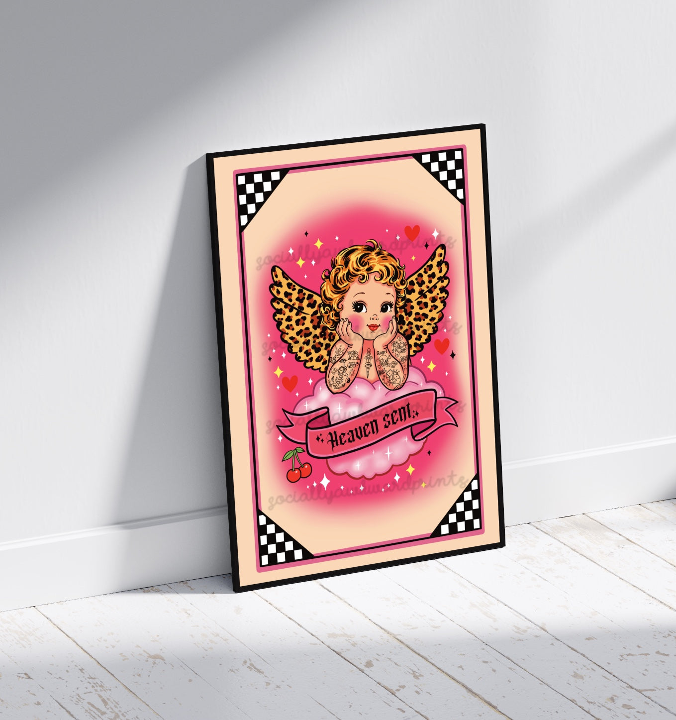 Heaven Sent Angel Tattoo Art Print - Leopard Wing Cherub Wall Art A4 A3