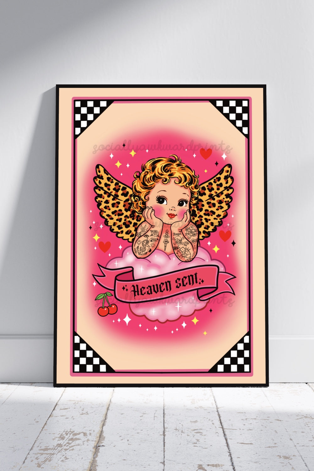 Heaven Sent Angel Tattoo Art Print - Leopard Wing Cherub Wall Art A4 A3
