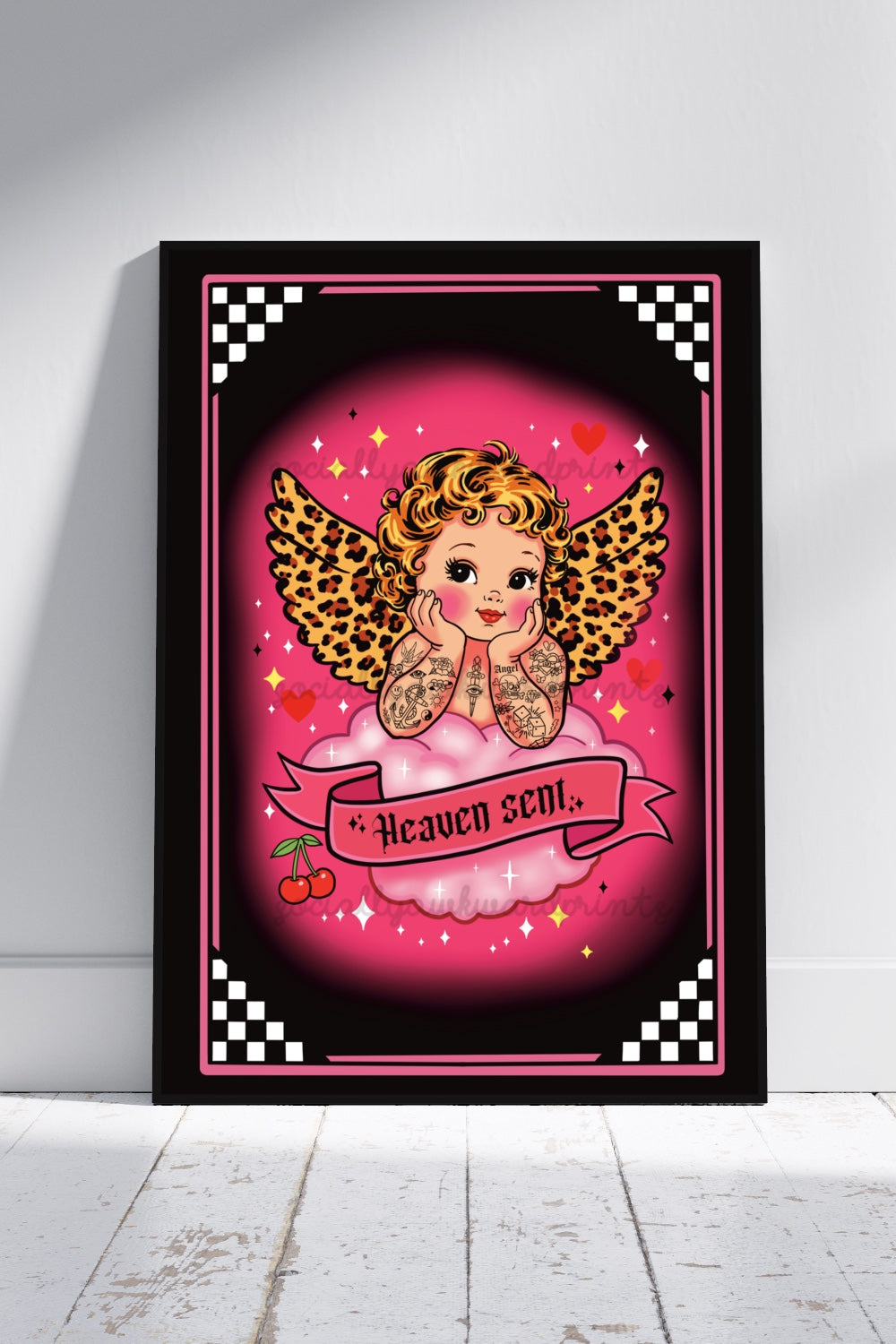 Heaven Sent Angel Tattoo Art Print - Leopard Wing Cherub Wall Art A4 A3