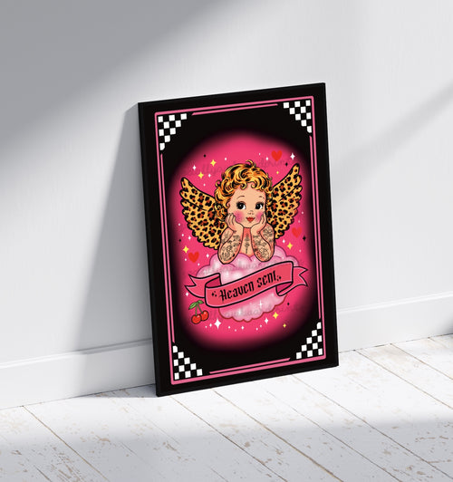 Heaven Sent Angel Tattoo Art Print - Leopard Wing Cherub Wall Art A4 A3
