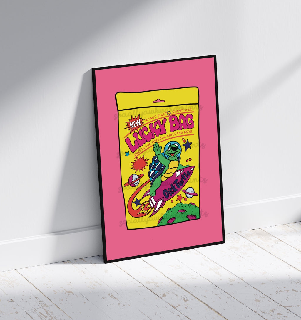 Retro Lucky Bag Print - 90s Sweets & Toys Nostalgia Wall Art A4 A3