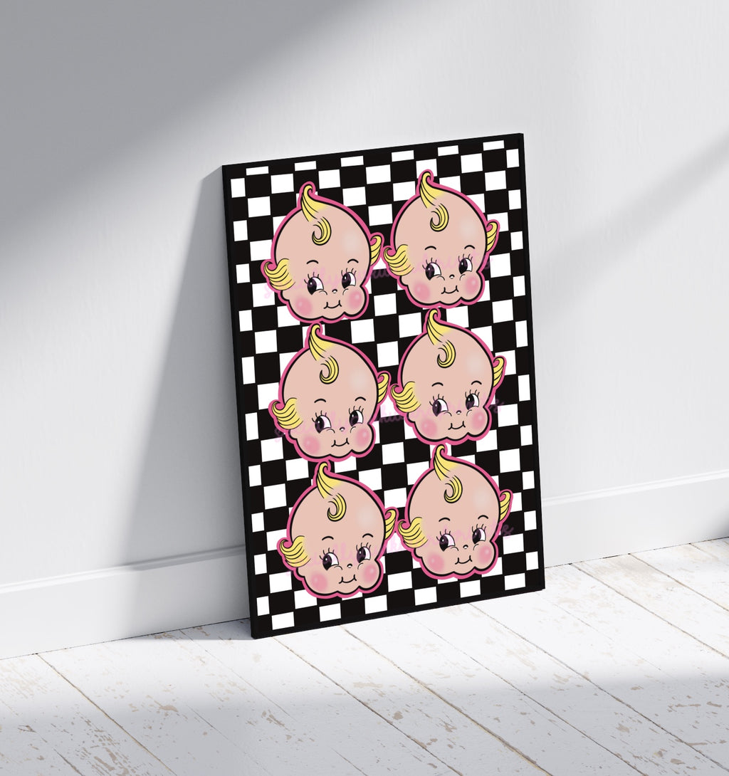 Retro Cherub Baby Art Print - Vintage Doll Style Checkerboard Wall Art A4 A3