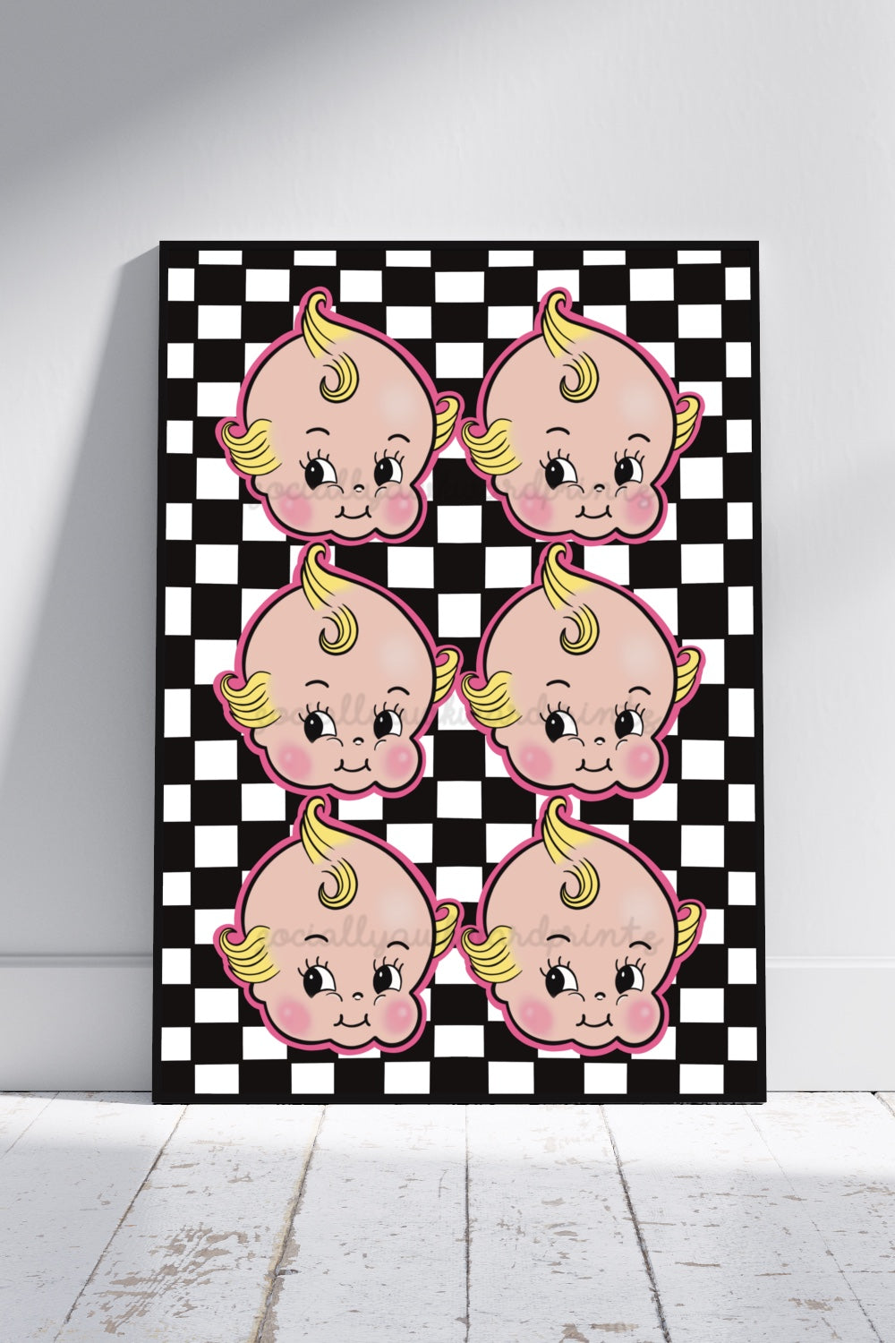 Retro Cherub Baby Art Print - Vintage Doll Style Checkerboard Wall Art A4 A3