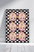 Retro Cherub Baby Art Print - Vintage Doll Style Checkerboard Wall Art A4 A3