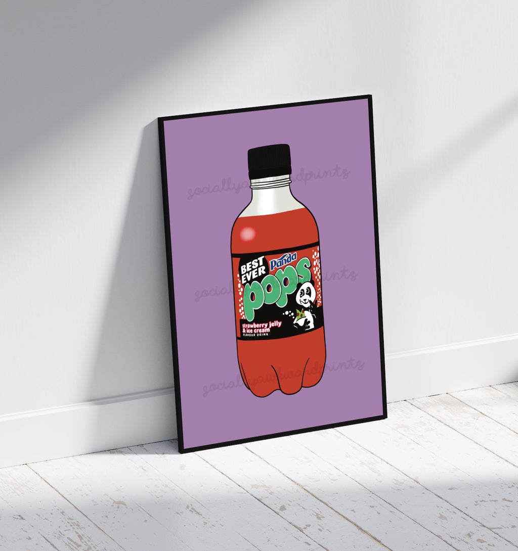 Strawberry Pop Bottle Art Print – 80s 90s Retro UK Drink Wall Art A4 A3