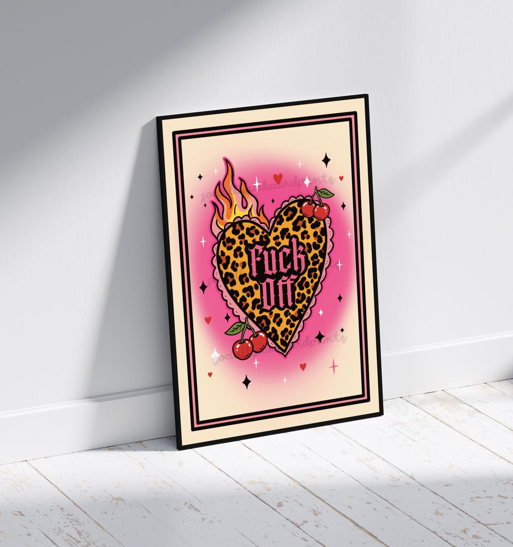 Fuck Off Leopard Heart Art Print – Bold Statement Wall Art A4 A3