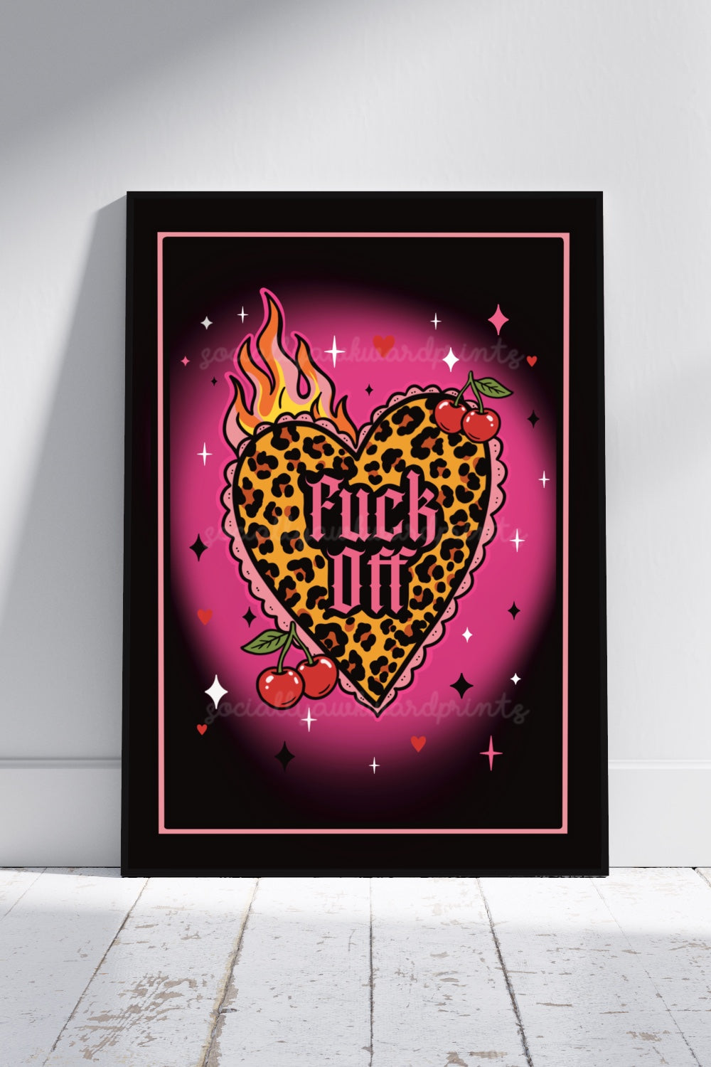 Fuck Off Leopard Heart Art Print – Black gothic Statement Wall Art A4 A3