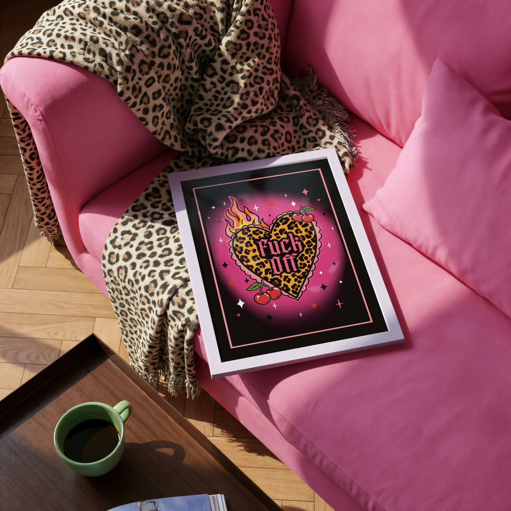 Fuck Off Leopard Heart Art Print – Black gothic Statement Wall Art A4 A3