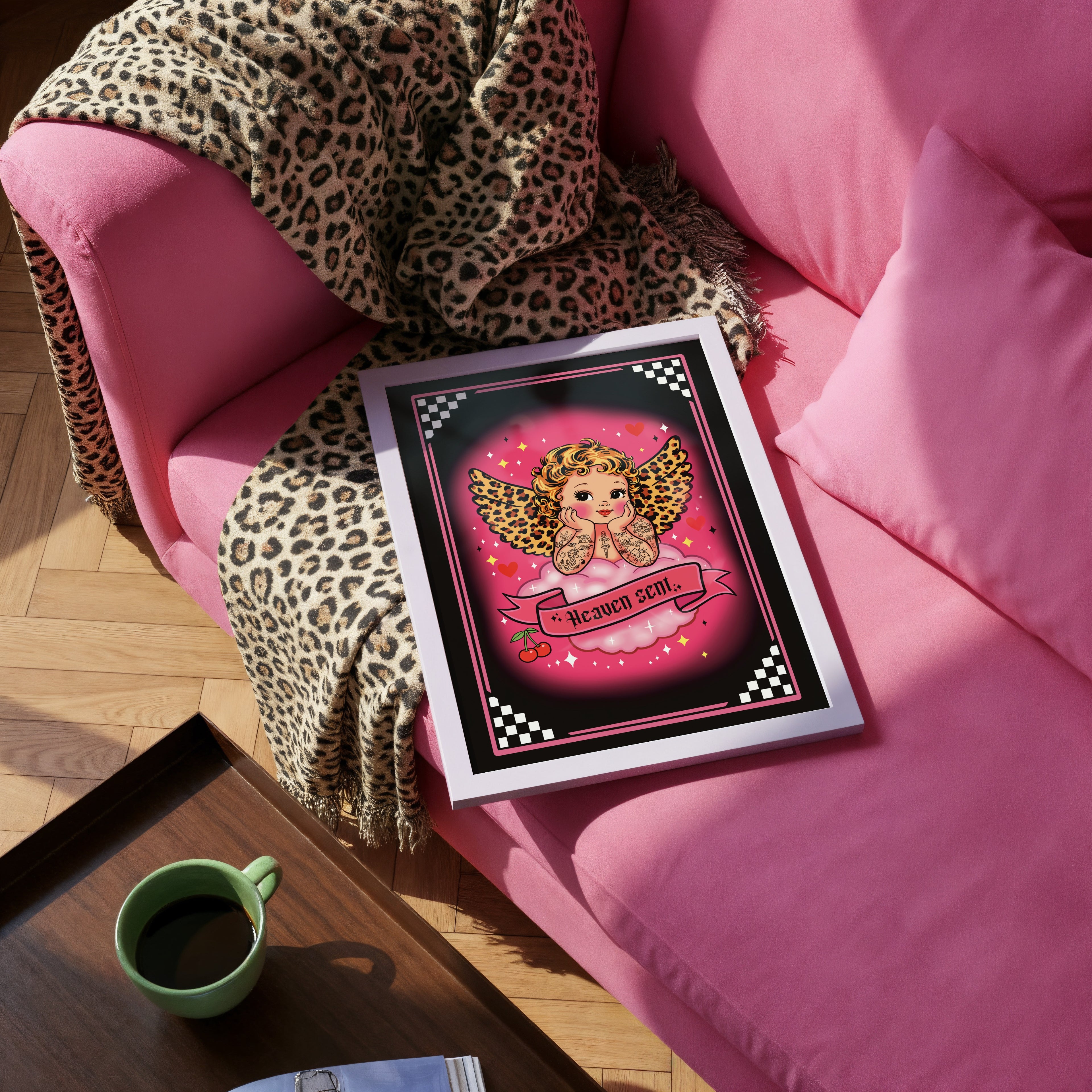 Heaven Sent Angel Tattoo Art Print - Leopard Wing Cherub Wall Art A4 A3