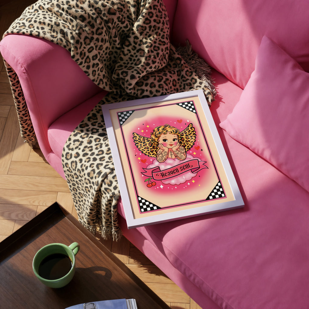 Heaven Sent Angel Tattoo Art Print - Leopard Wing Cherub Wall Art A4 A3