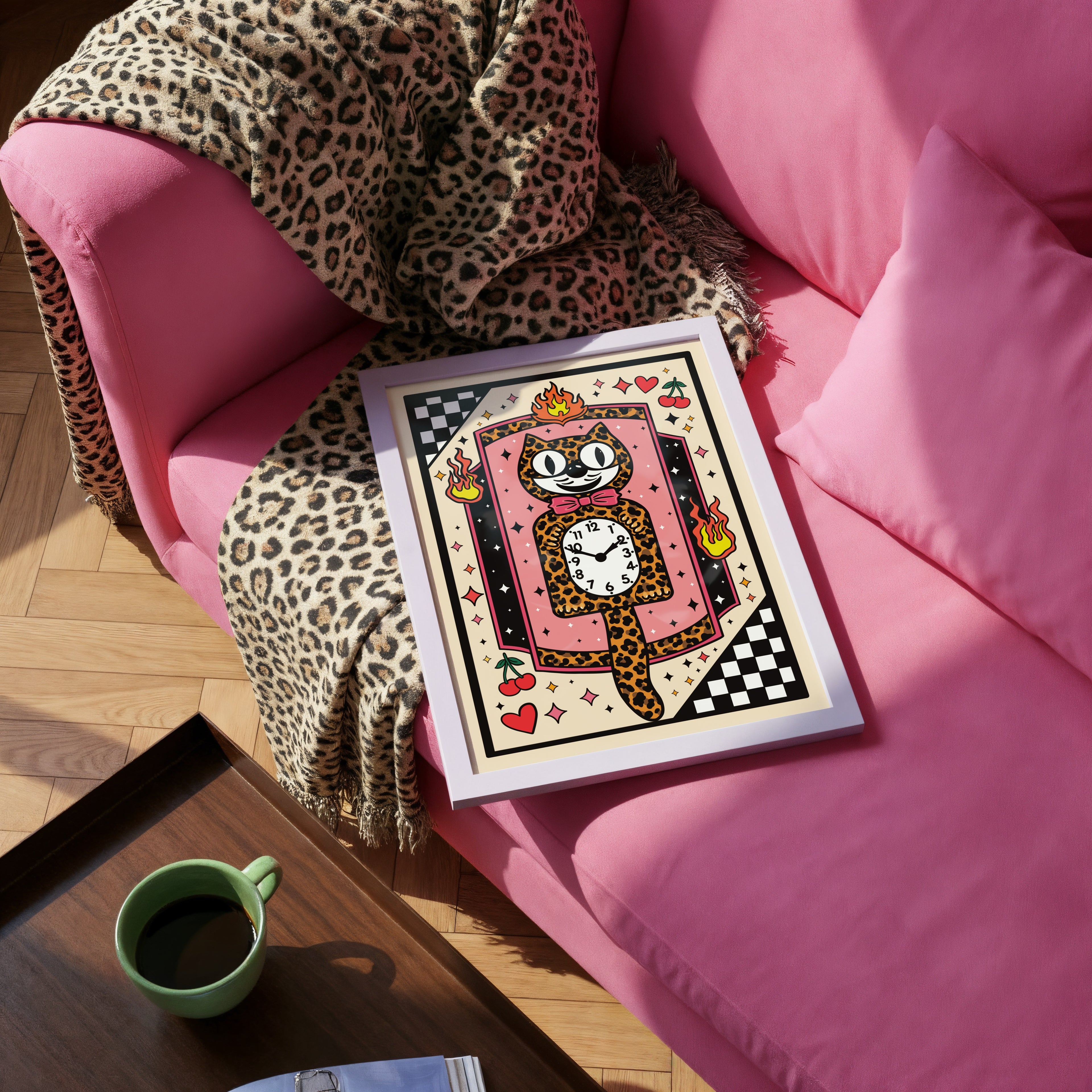 Leopard Clock Cat Art Print – Retro Kitsch Goth Alt Wall Art A4 A3