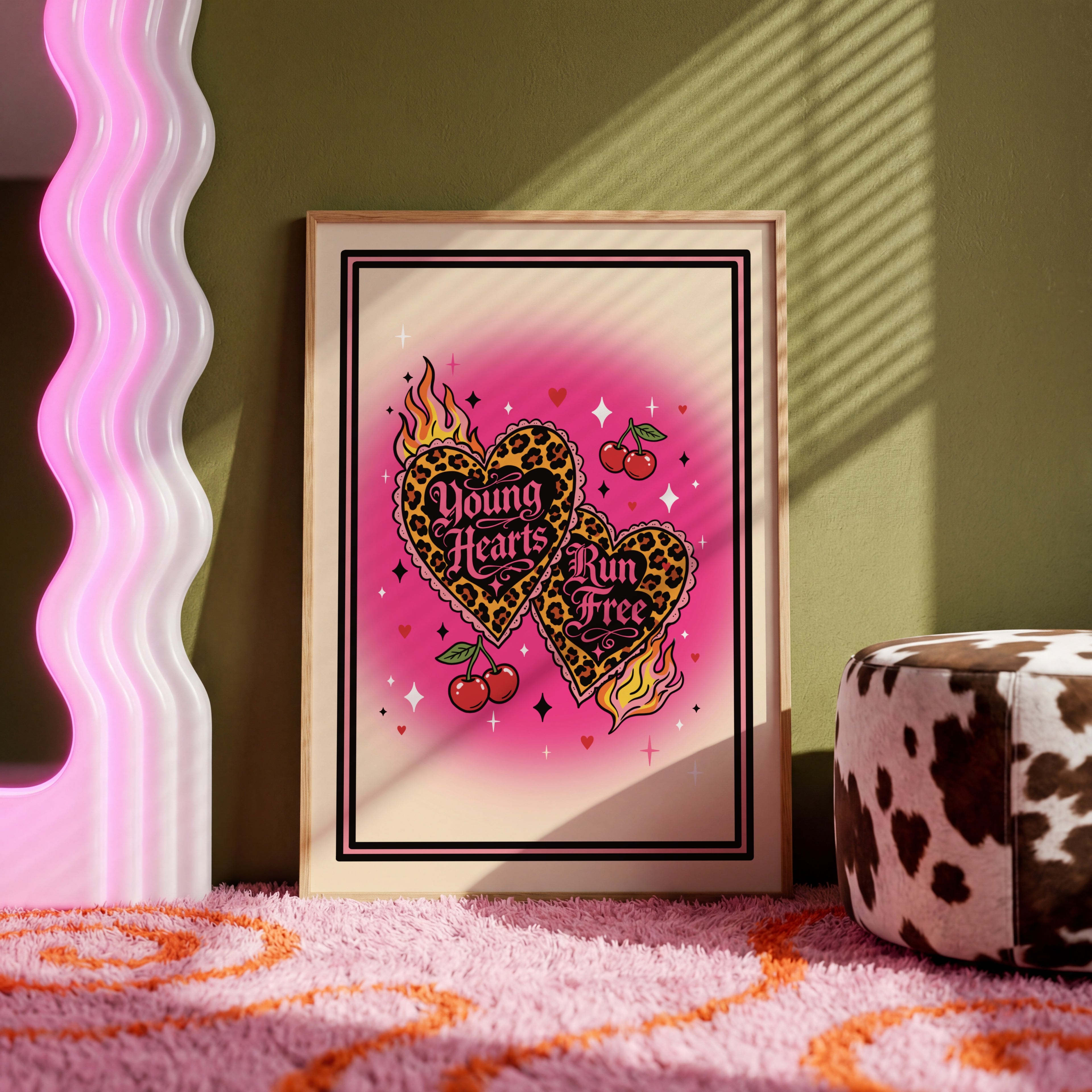 Young Hearts Run Free Art Print - Leopard Heart Goth Alt Wall Art A4 A3