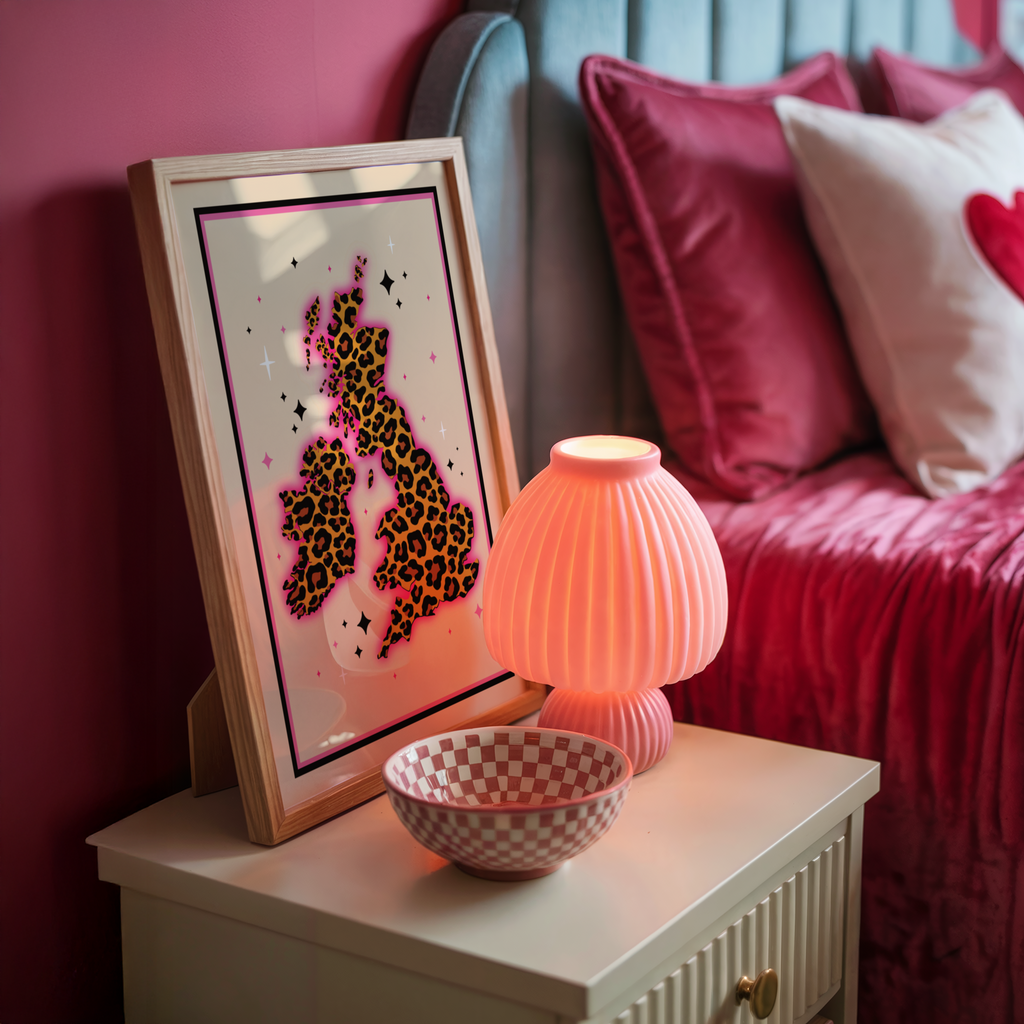 Leopard Print UK Map Art Print – Bold Pink Maximalist Wall Art A4 A3