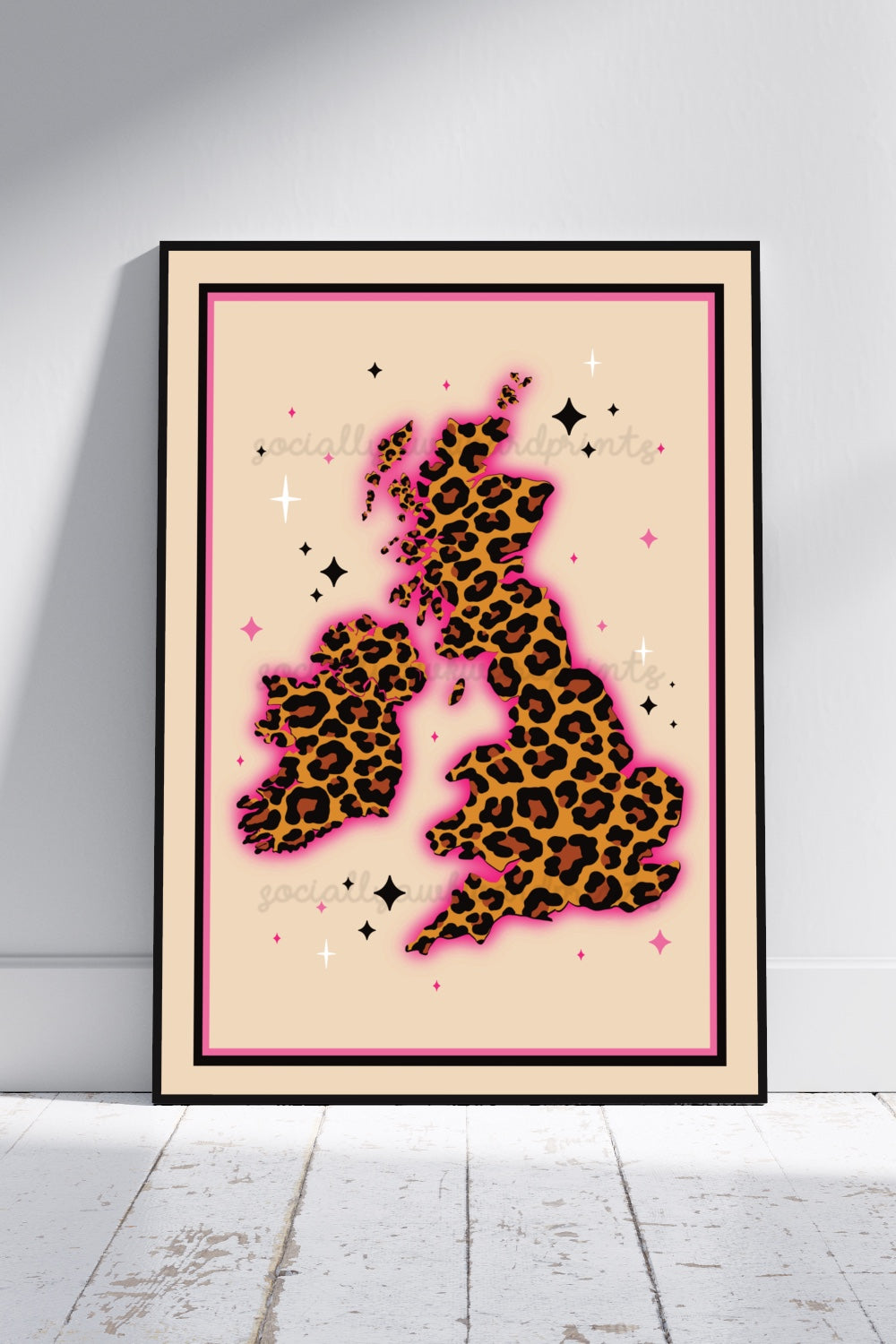 Leopard Print UK Map Art Print – Bold Pink Maximalist Wall Art A4 A3