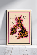 Leopard Print UK Map Art Print – Bold Pink Maximalist Wall Art A4 A3