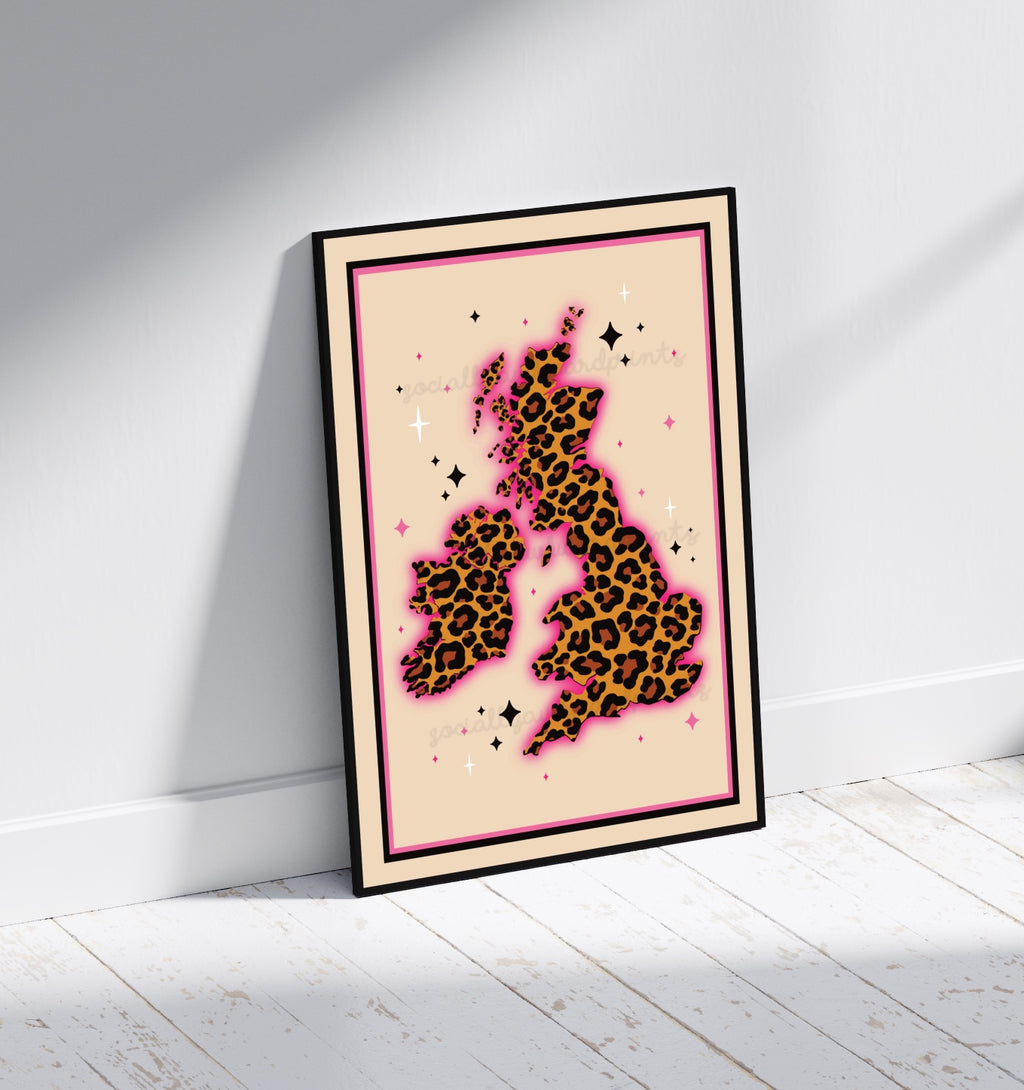 Leopard Print UK Map Art Print – Bold Pink Maximalist Wall Art A4 A3