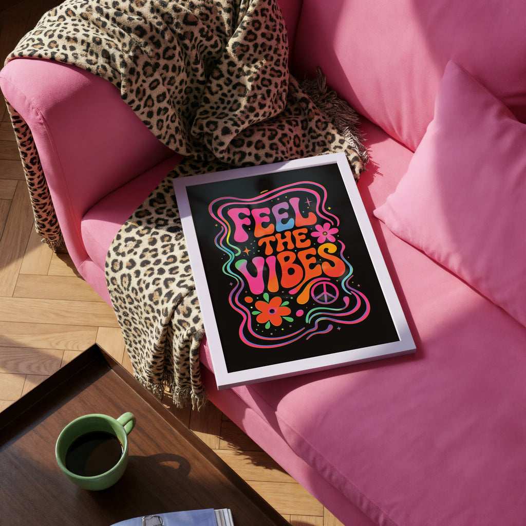 Feel The Vibes Neon Trippy Typography Art Print – Colourful Retro Statement Wall Art A4 A3