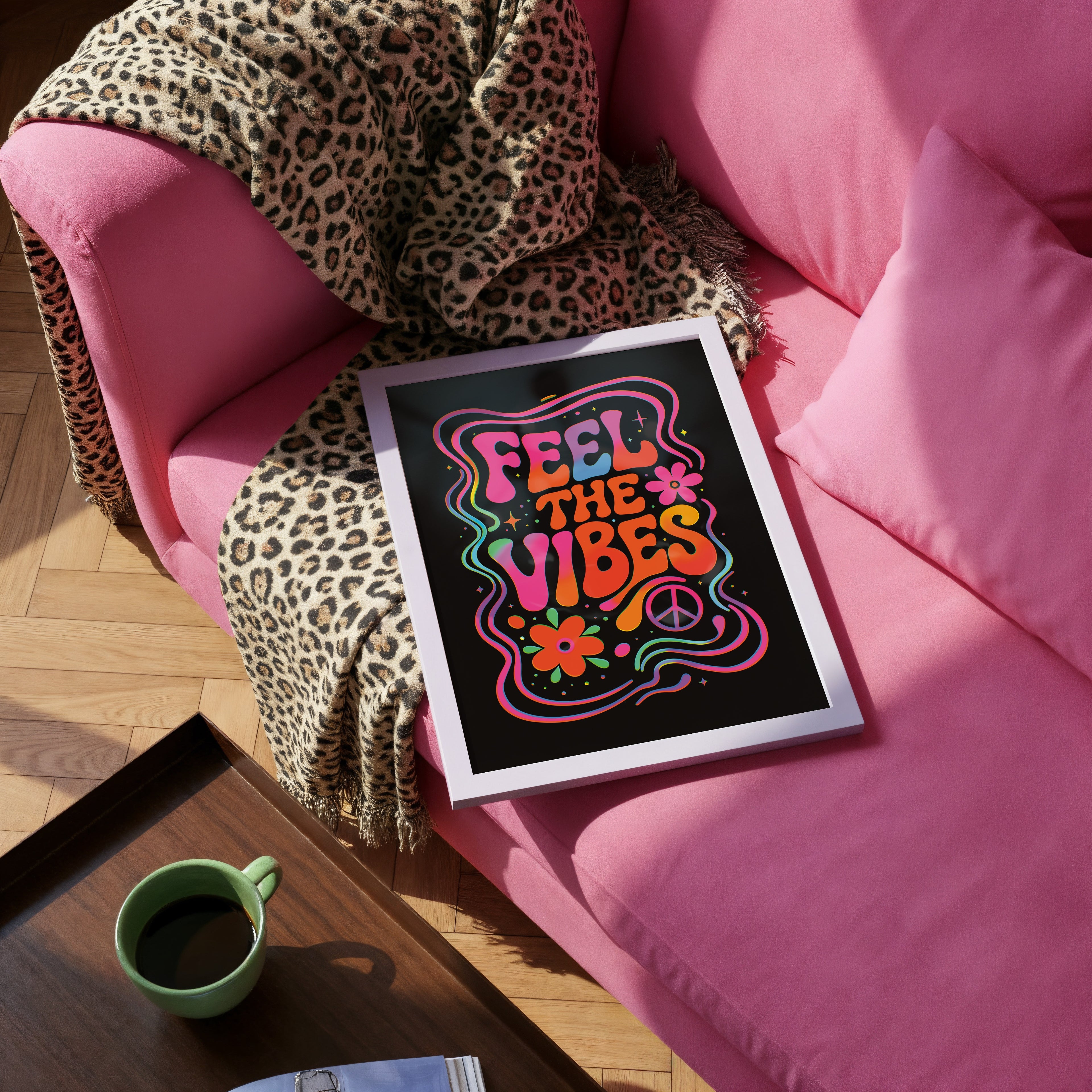 Feel The Vibes Neon Trippy Typography Art Print – Colourful Retro Statement Wall Art A4 A3