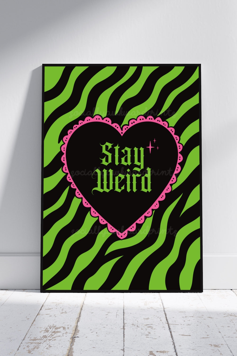 Stay Weird Zebra Print – Neon Green Goth Heart Wall Art – A4 A3 Alternative Statement Poster