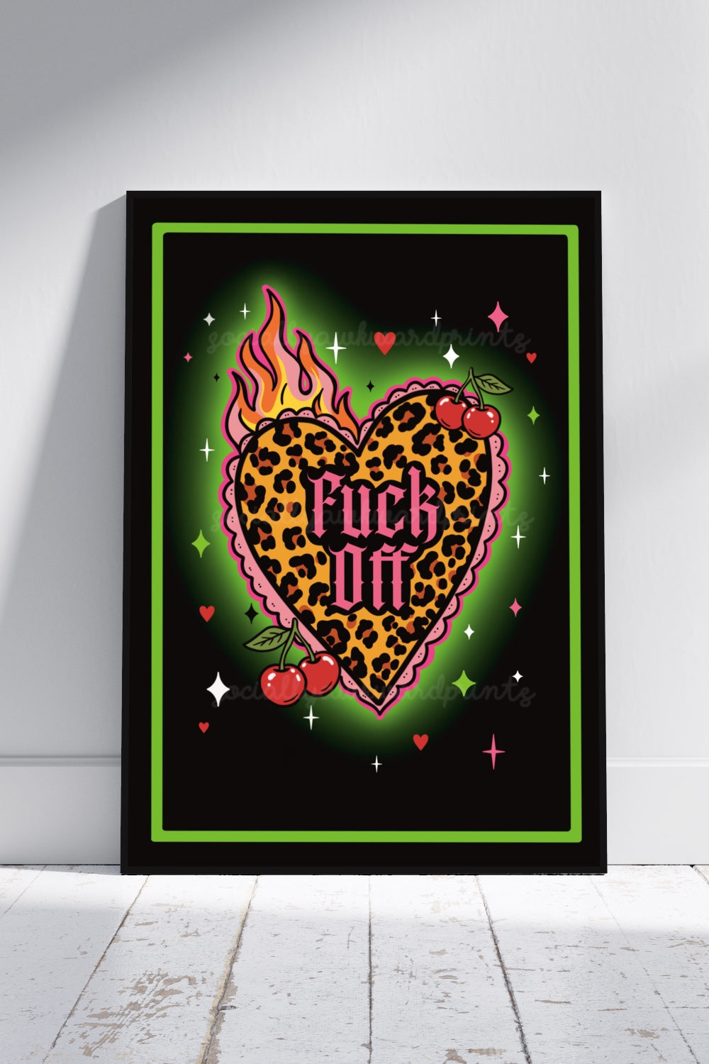 Fuck Off Leopard Heart Art Print – Green gothic Statement Wall Art A4 A3