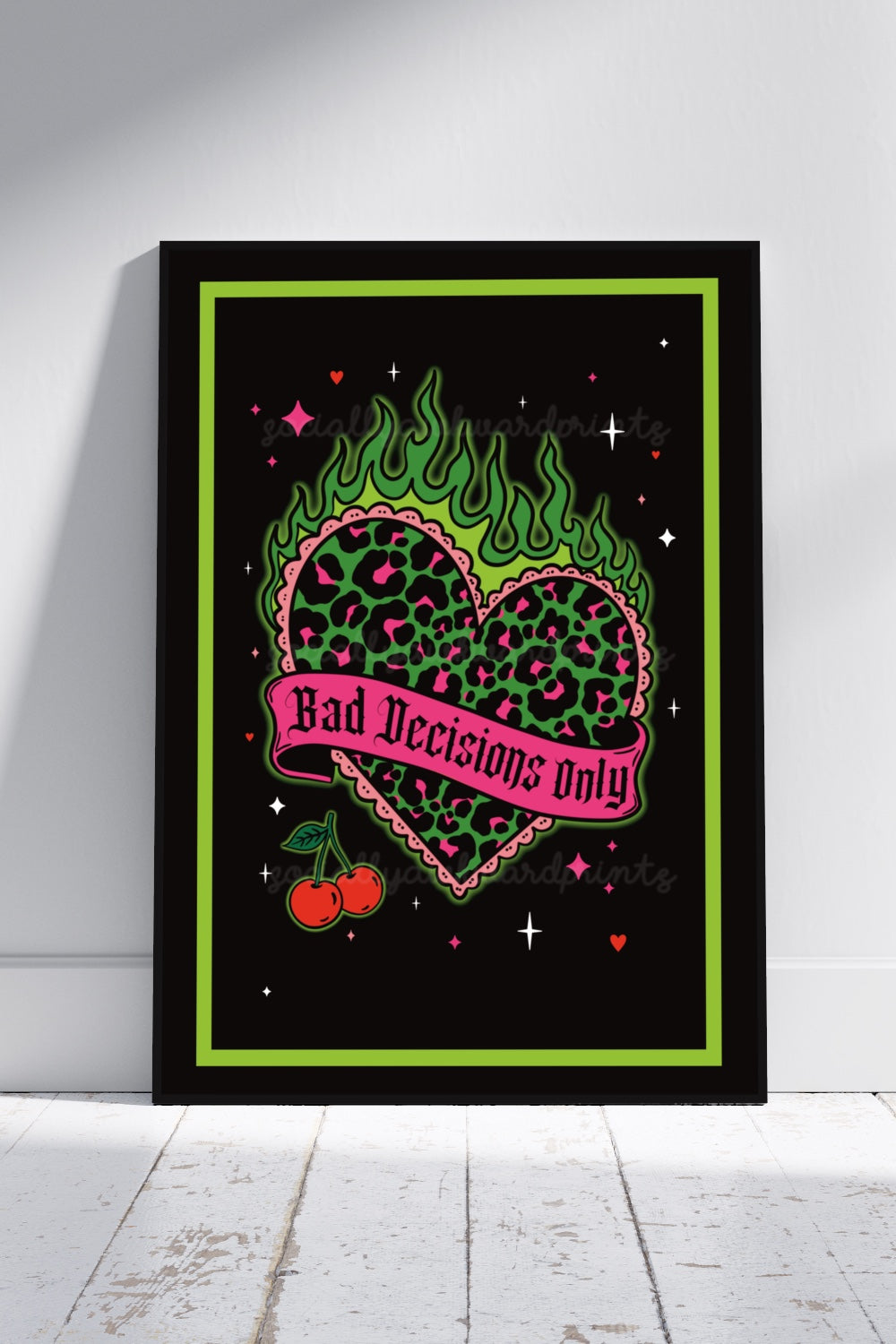 Bad Decisions Only Leopard Heart Print – Neon Green Goth Wall Art – A4 A3 Alternative Statement Poster