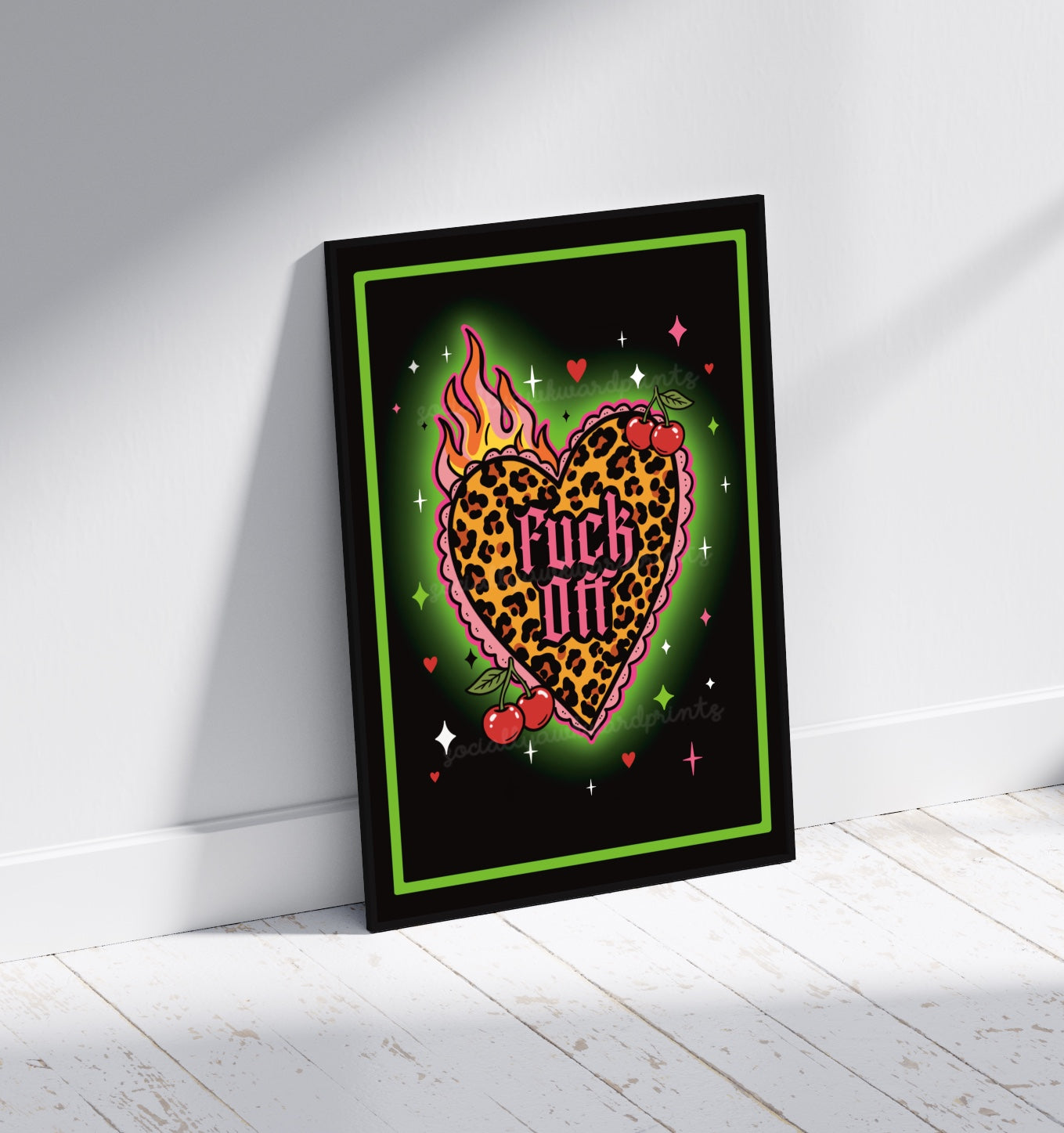 Fuck Off Leopard Heart Art Print – Green gothic Statement Wall Art A4 A3