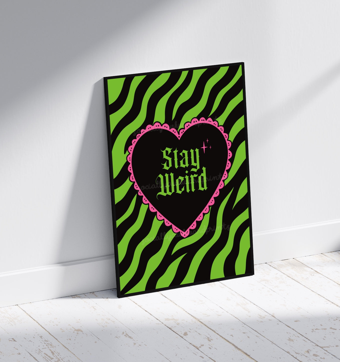 Stay Weird Zebra Print – Neon Green Goth Heart Wall Art – A4 A3 Alternative Statement Poster