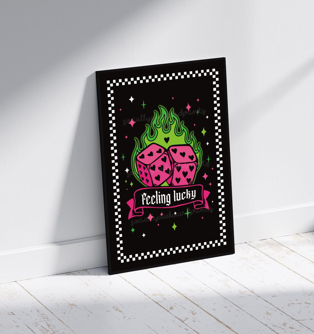 Feeling Lucky Dice Print – Neon Goth Wall Art – A4 A3 Alternative Statement Poster