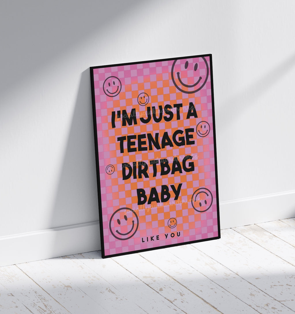 Teenage Dirtbag Print – Emo Punk Quote Wall Art Checkerboard Poster A4 A3
