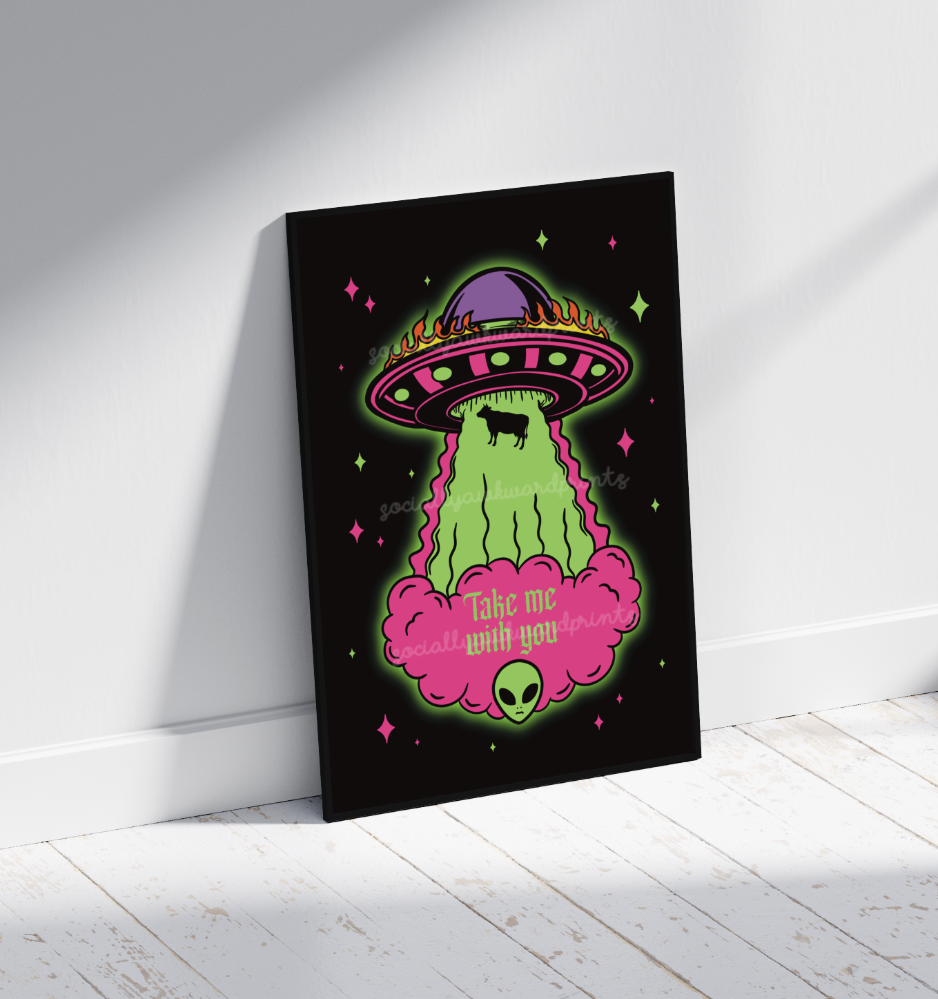 Take Me With You Art Print – Retro Alien Cow UFO Wall Art A4 A3