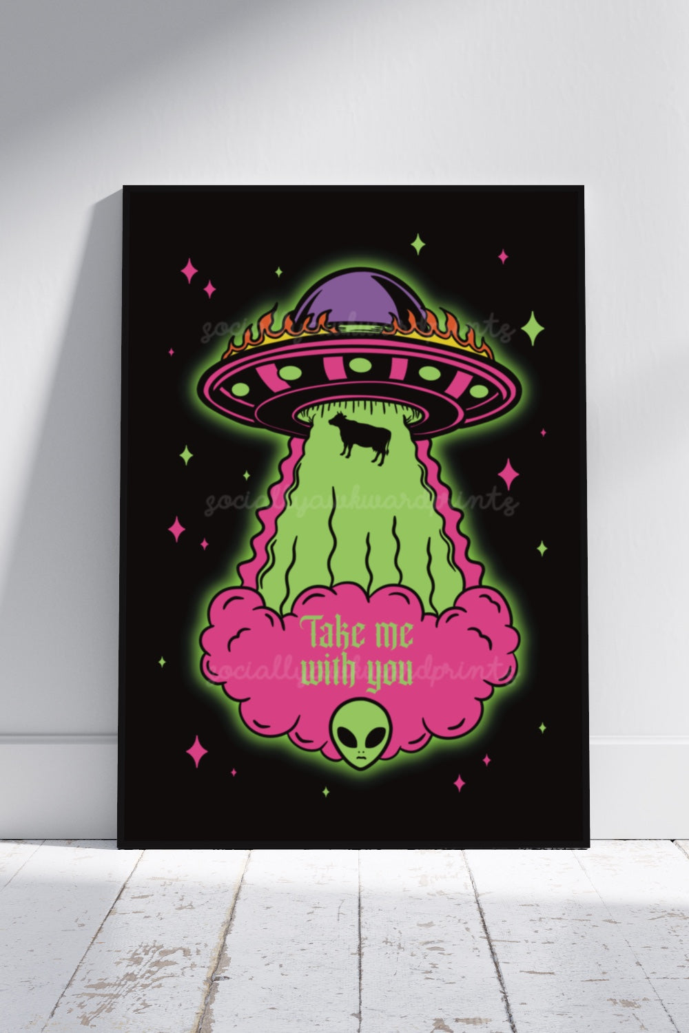 Take Me With You Art Print – Retro Alien Cow UFO Wall Art A4 A3