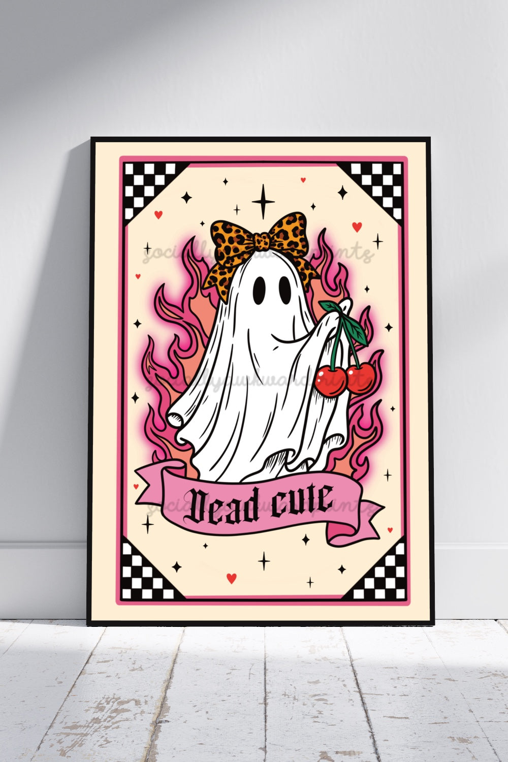 Dead Cute Ghost Art Print Cute Gothic Wall Art | Pink Cherry Halloween Decor | A4 A3