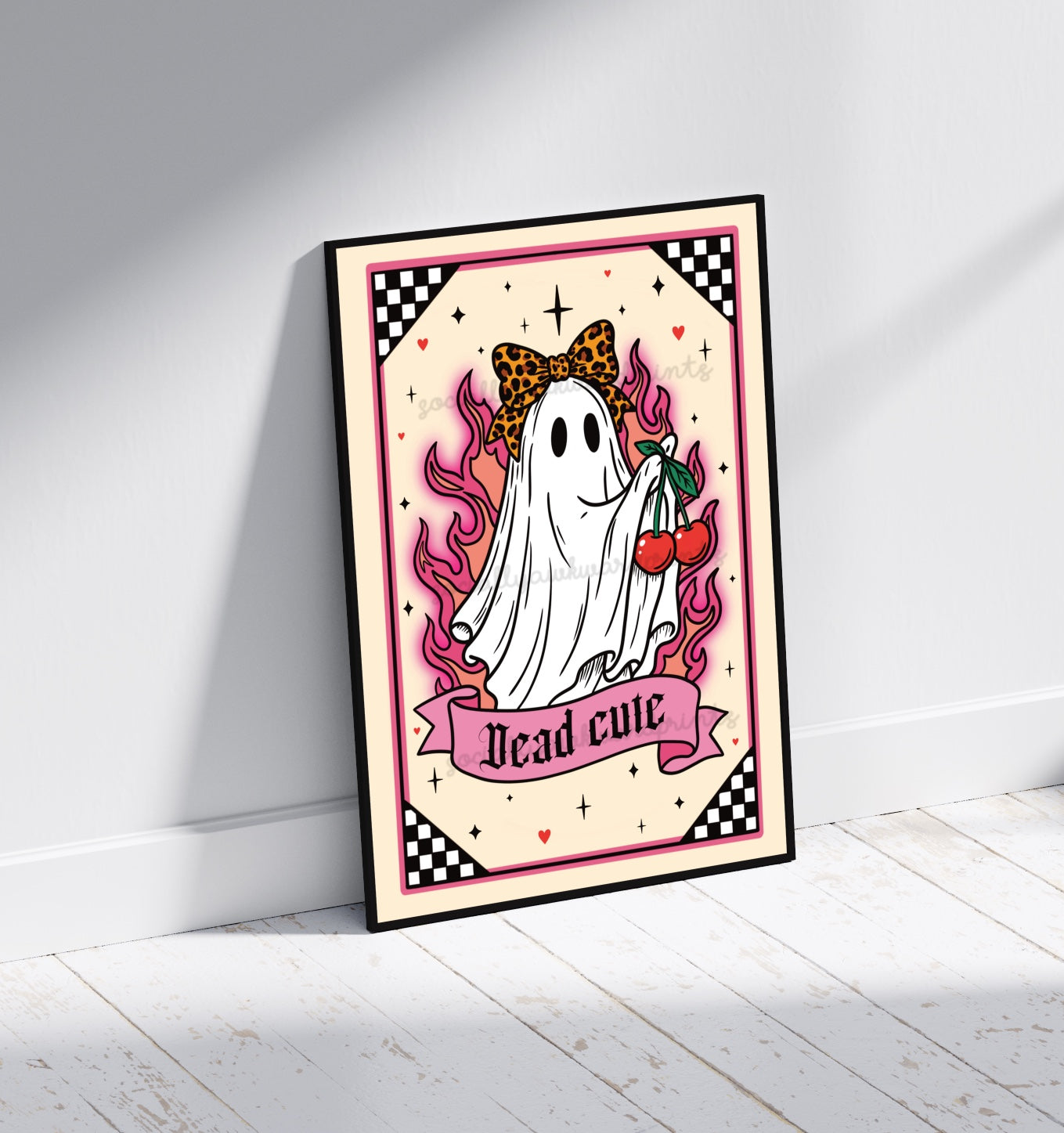 Dead Cute Ghost Art Print Cute Gothic Wall Art | Pink Cherry Halloween Decor | A4 A3
