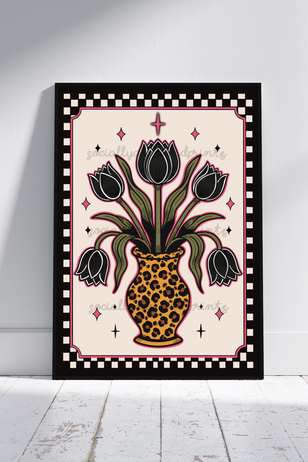 Leopard Vase with Black Tulips Art Print – Gothic Floral Wall Art | Alternative Home Decor | A4 A3