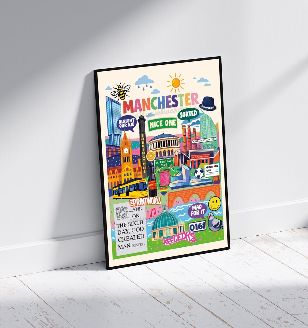 Manchester Landmarks Art Print – Colourful Manchester Wall Art | Northern Gift | A4 A3
