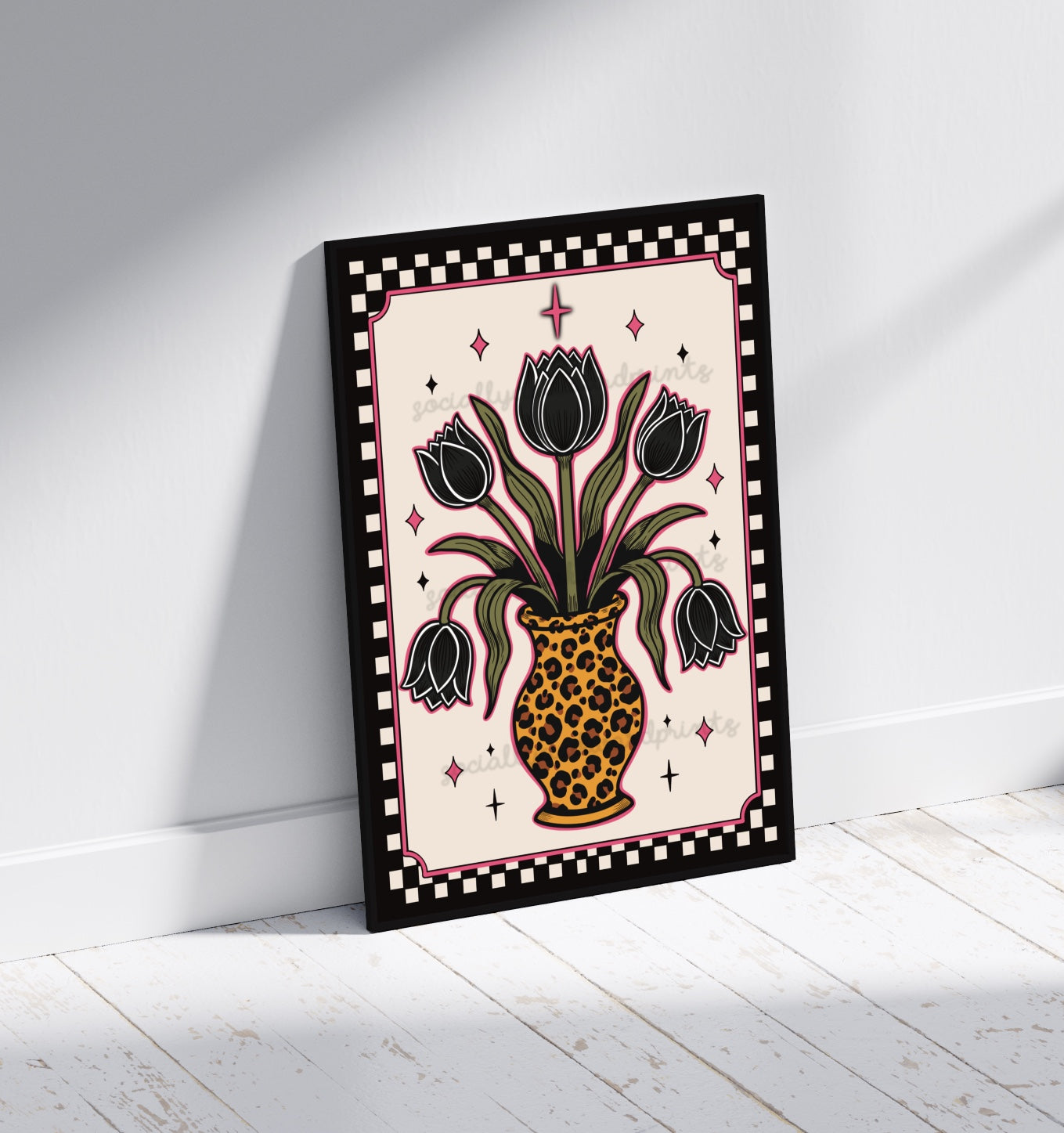 Leopard Vase with Black Tulips Art Print – Gothic Floral Wall Art | Alternative Home Decor | A4 A3