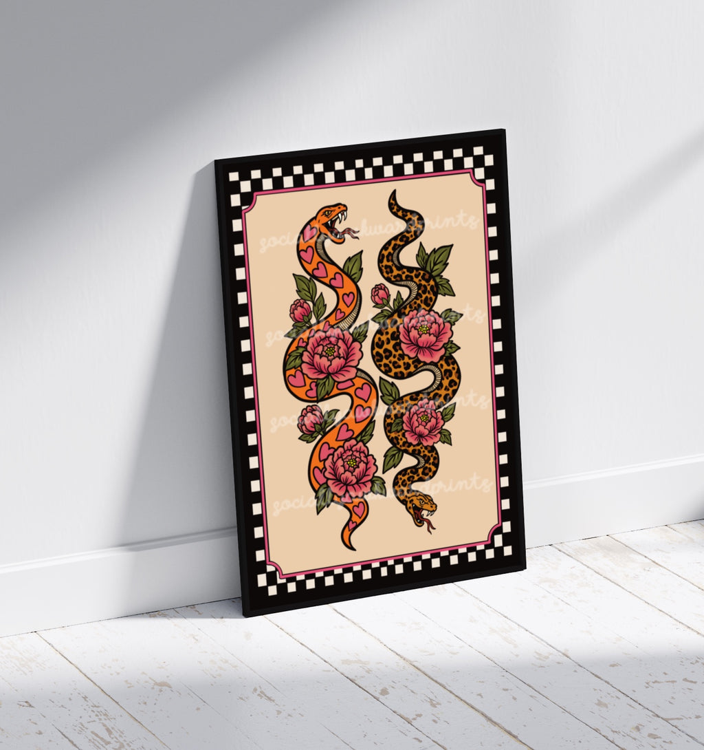 Snake Art Print – Leopard Print & Heart Tattoo Style Wall Art | Alternative Gothic Decor | A4 A3