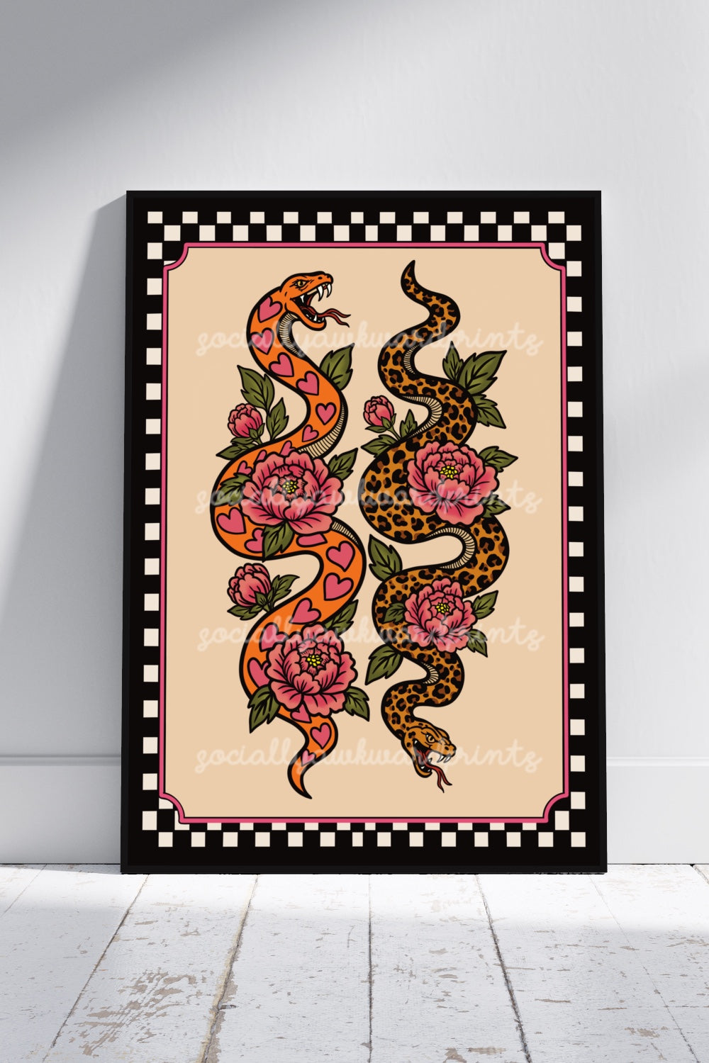 Snake Art Print – Leopard Print & Heart Tattoo Style Wall Art | Alternative Gothic Decor | A4 A3