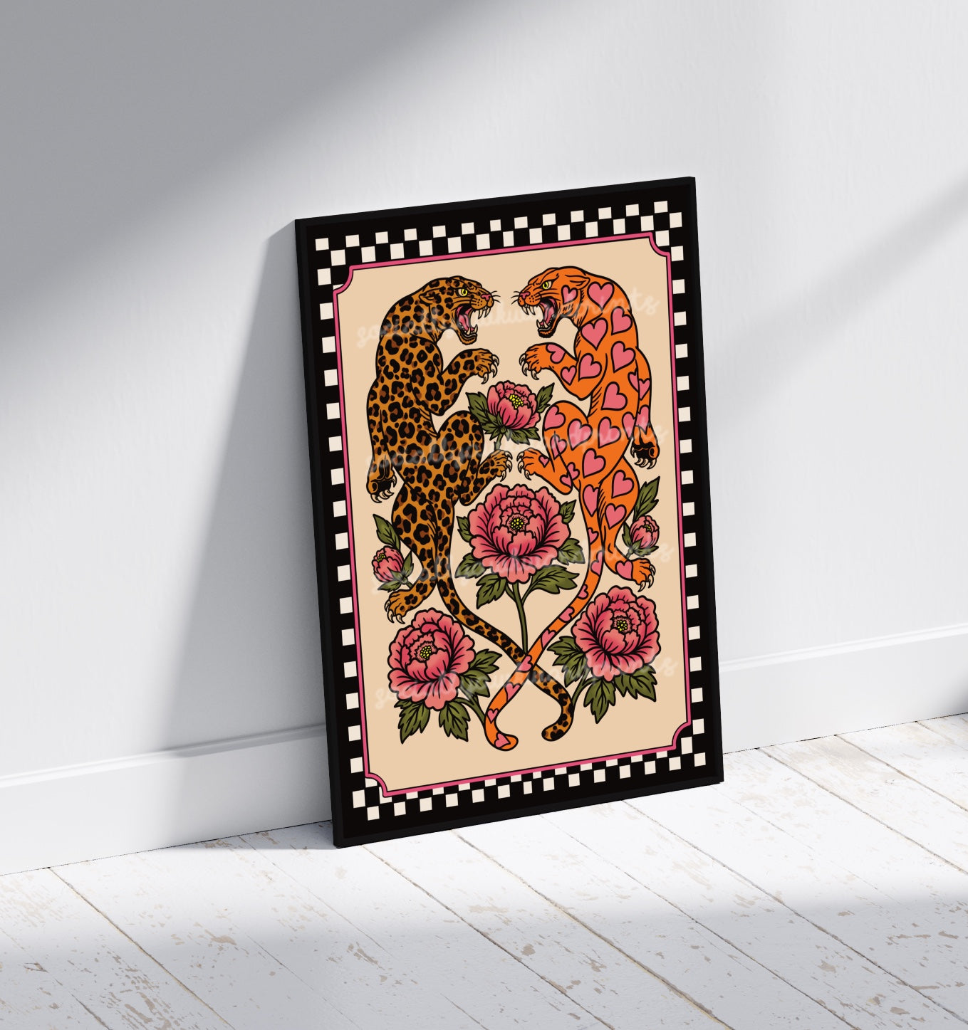 Leopard & Heart Panther Art Print – Tattoo Style Floral Wall Art | Alternative Gothic Decor | A4 A3