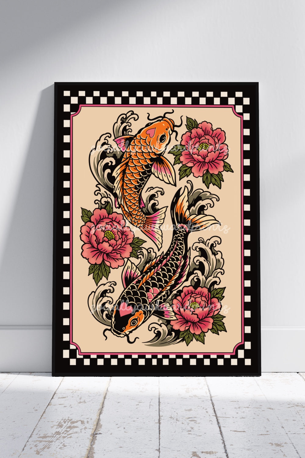 Koi Fish Art Print – Tattoo Style Floral Wall Art | Alternative Japanese Inspired Decor | A4 A3