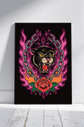 Black Panther Art Print – Pink Flame Tattoo Style Wall Art | Alternative Gothic Animal Decor | A4 A3