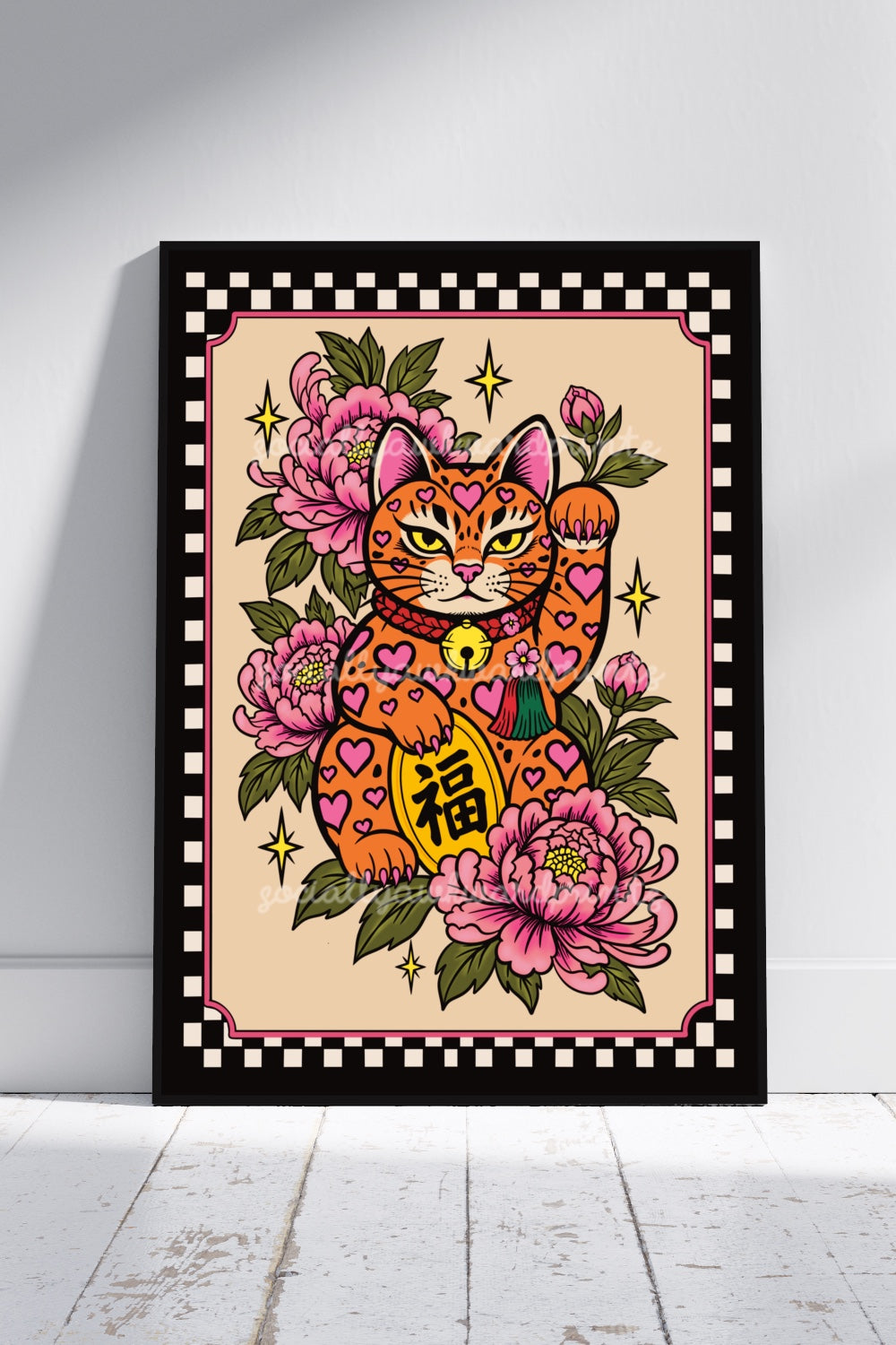 Lucky Cat Art Print – Maneki Neko Floral Wall Art | Alternative Japanese Inspired Tattoo Decor | A4 A3