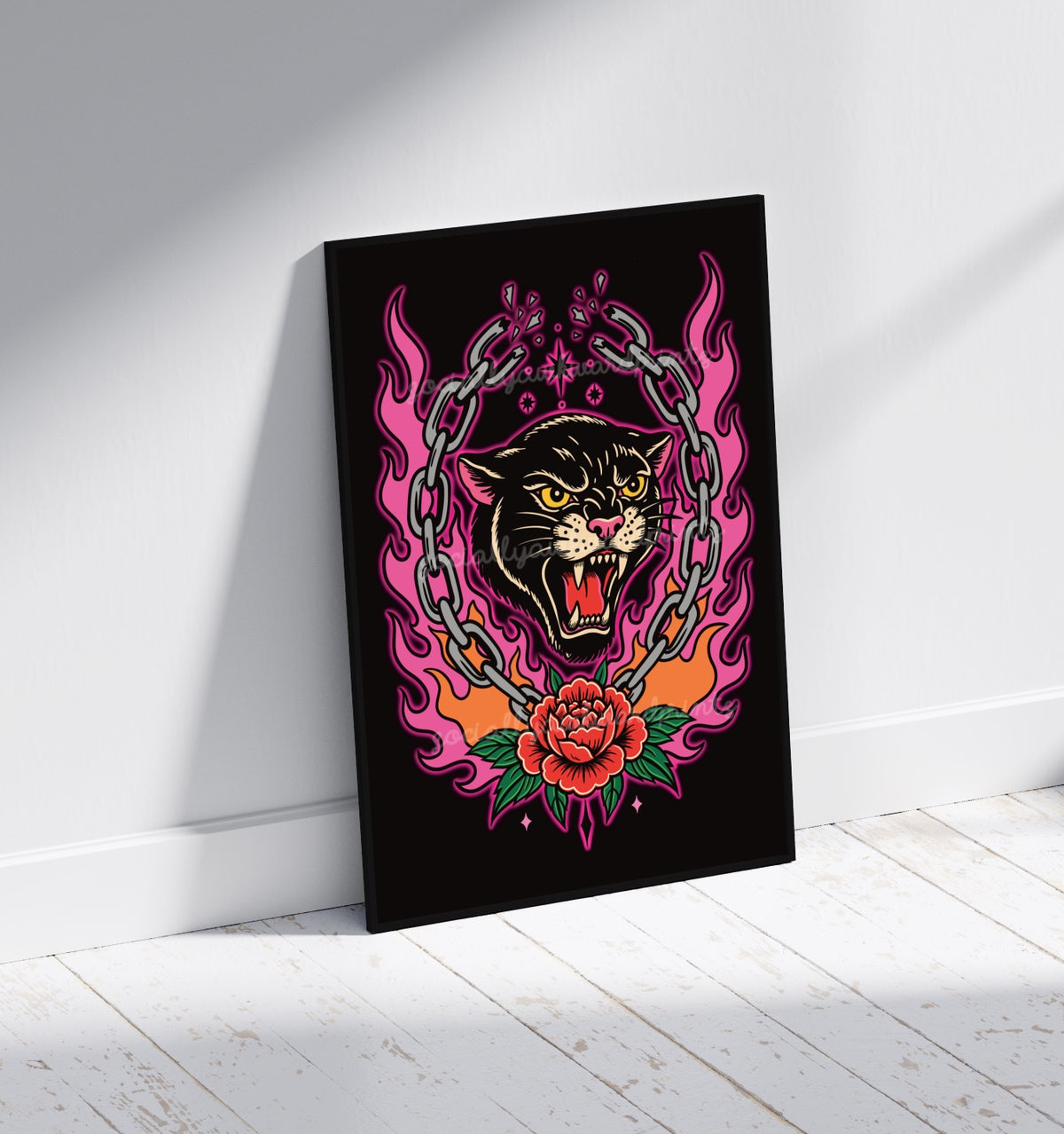 Black Panther Art Print – Pink Flame Tattoo Style Wall Art | Alternative Gothic Animal Decor | A4 A3