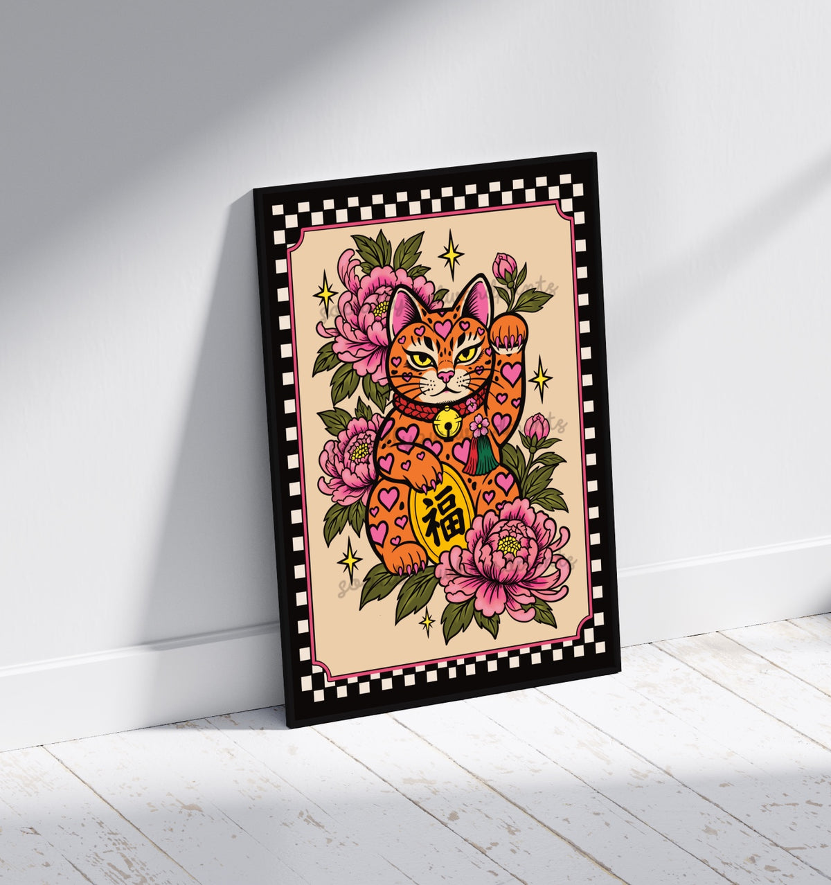 Lucky Cat Art Print – Maneki Neko Floral Wall Art | Alternative Japanese Inspired Tattoo Decor | A4 A3