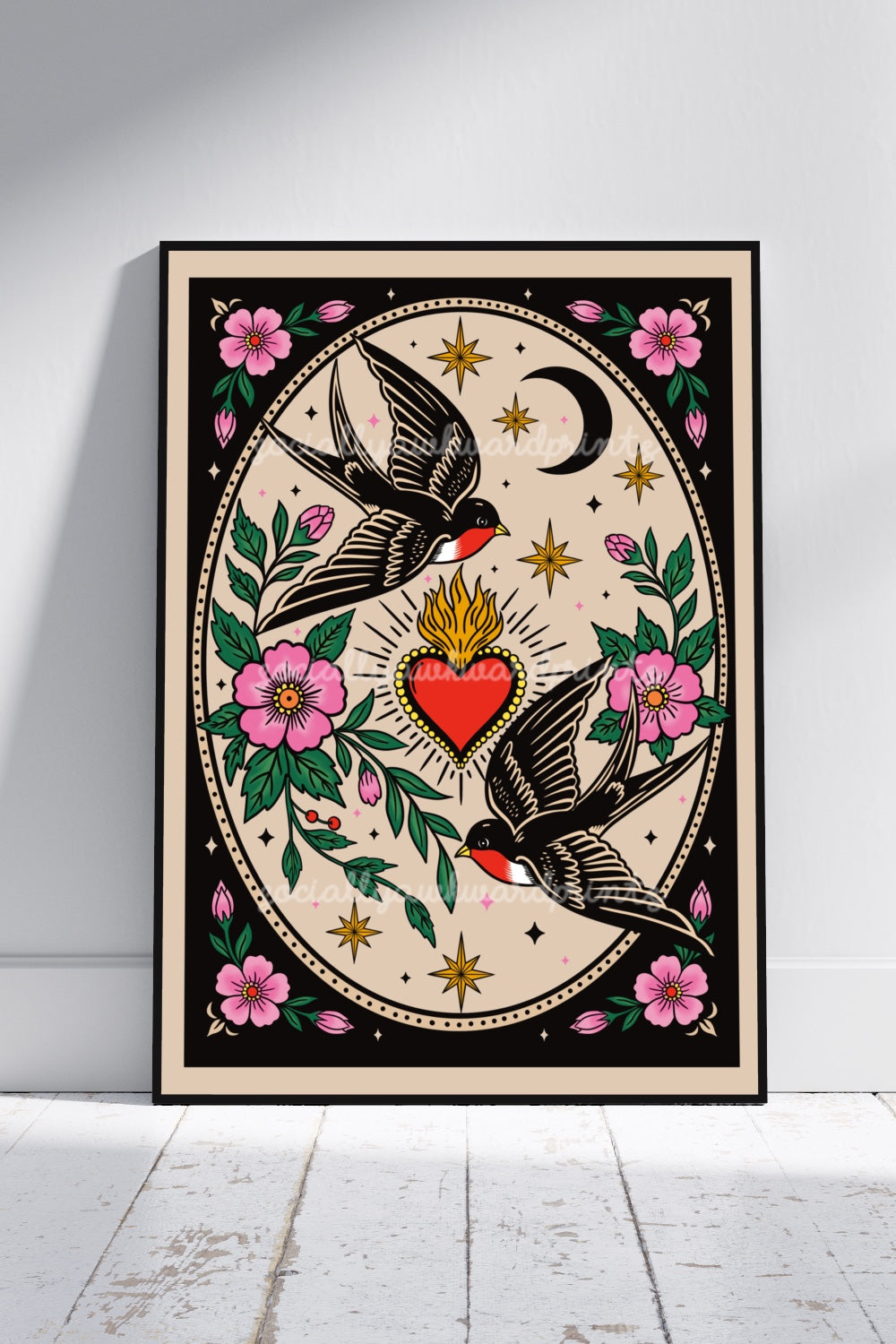 Swallow & Sacred Heart Art Print – Tattoo Style Floral Wall Art | Alternative Traditional Inspired Decor | A4 A3