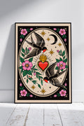 Swallow & Sacred Heart Art Print – Tattoo Style Floral Wall Art | Alternative Traditional Inspired Decor | A4 A3